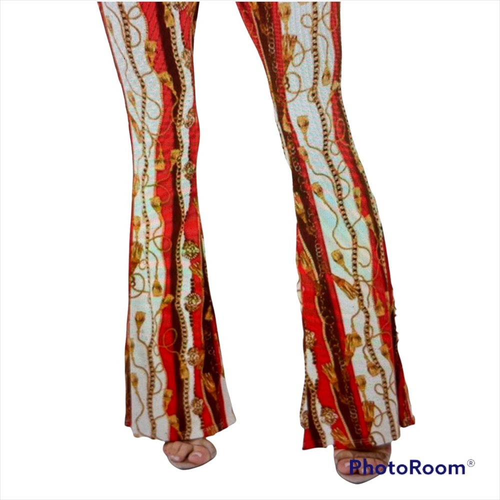 Red Chain Print Bell Bottom Pants - Picture 5 of 6